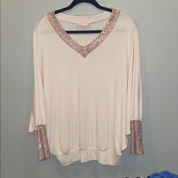 White V-Neck Long Sleeve Embellished Blouse - Picture 1 of 3